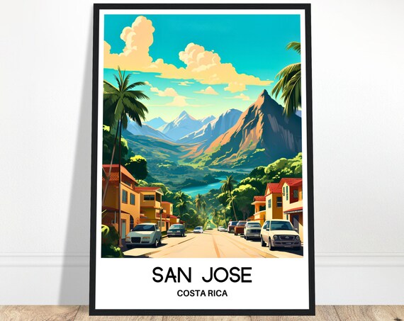 San Jose Costa Rica Palm-Lined Street Toward Green Mountains Poster