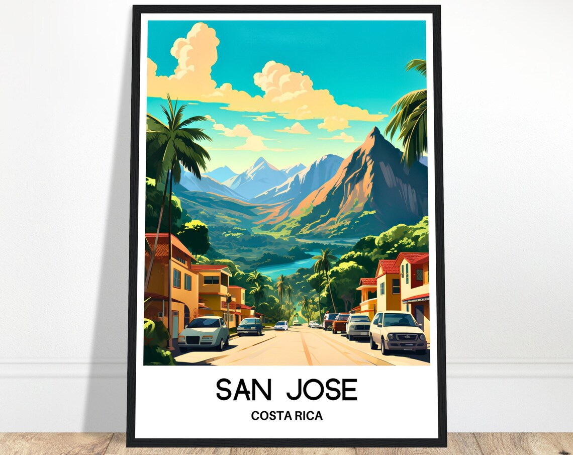 San Jose Costa Rica Palm-Lined Street Toward Green Mountains Poster