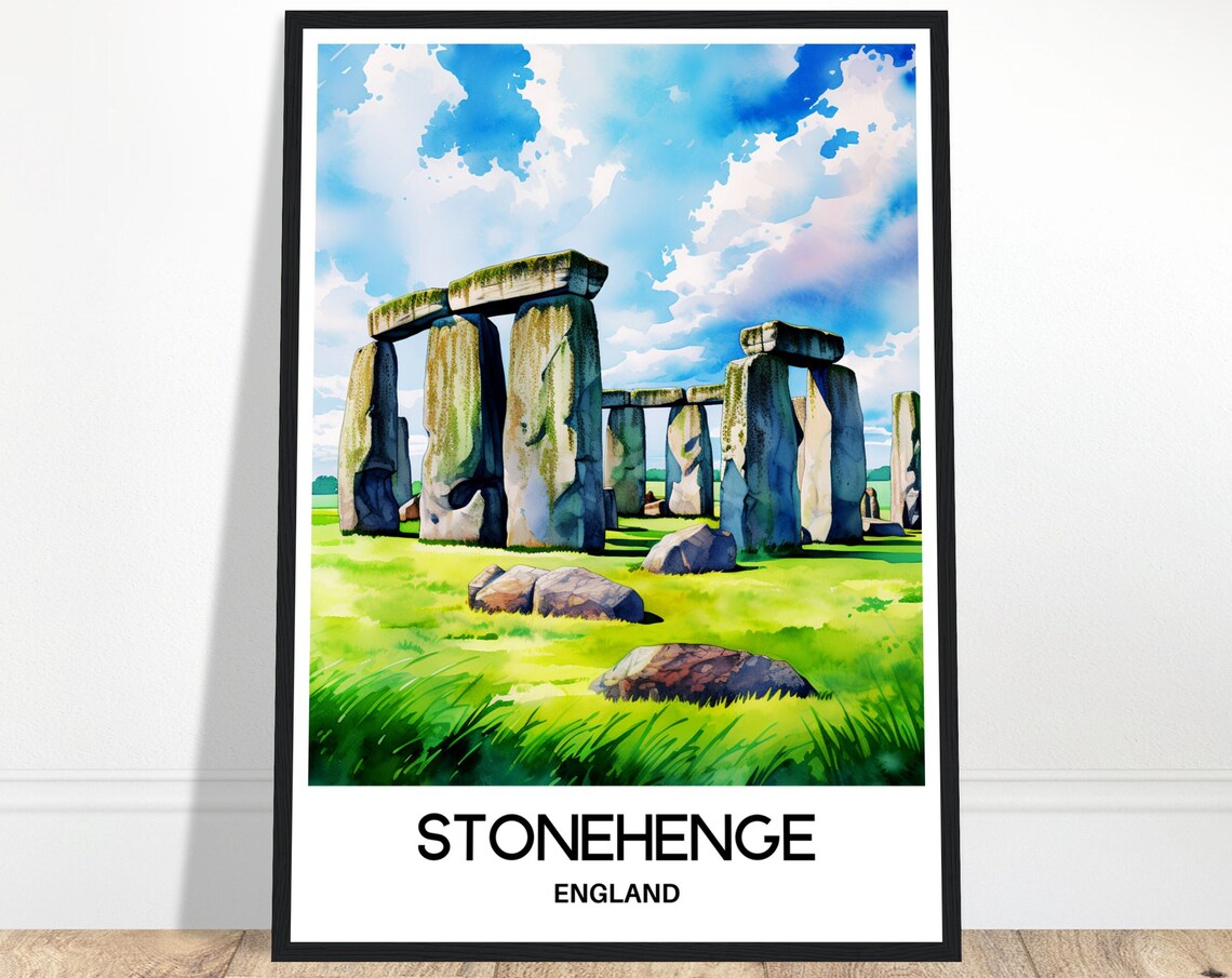 Stonehenge England Ancient Stones Watercolor on Green Field Poster