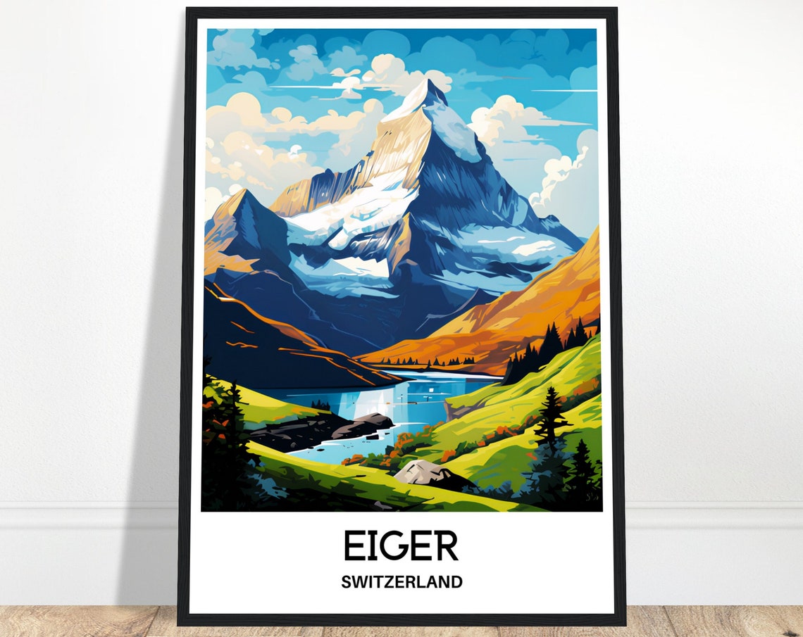 Eiger Switzerland Majestic Snowy Alpine Peak Blue Lake Poster