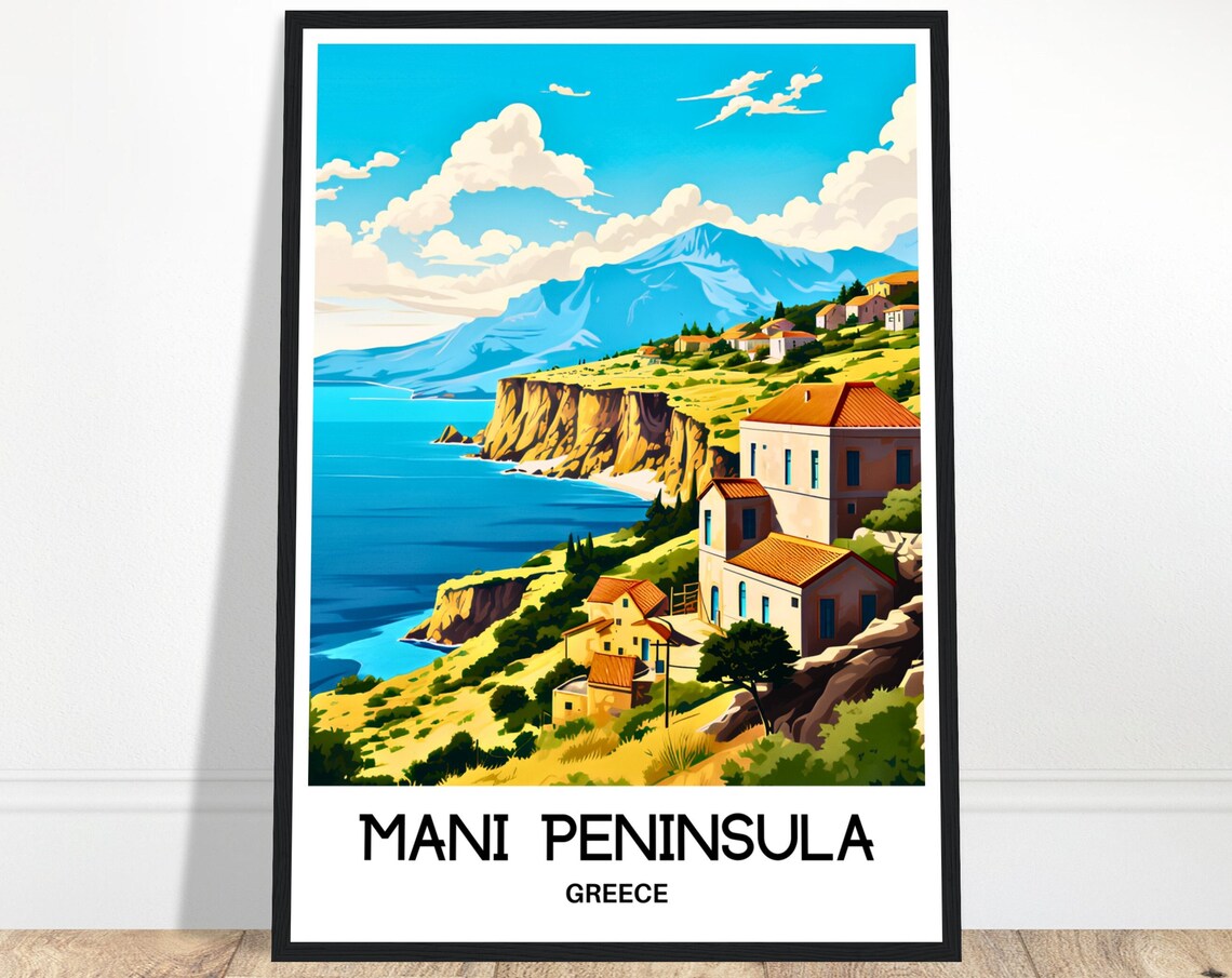Mani Peninsula Greece Cliffside Village Rocky Coast Travel Poster