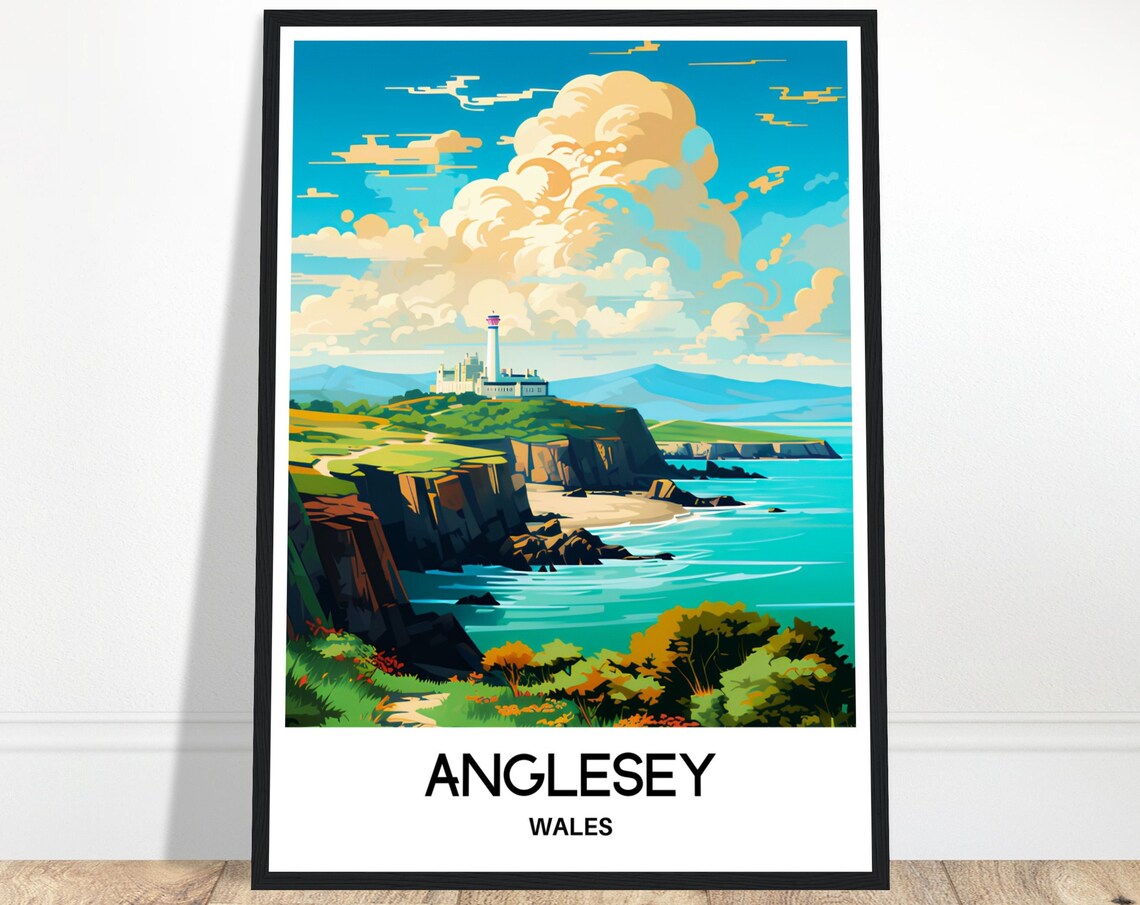 Anglesey Wales Coastal Lighthouse Above the Sea Travel Poster