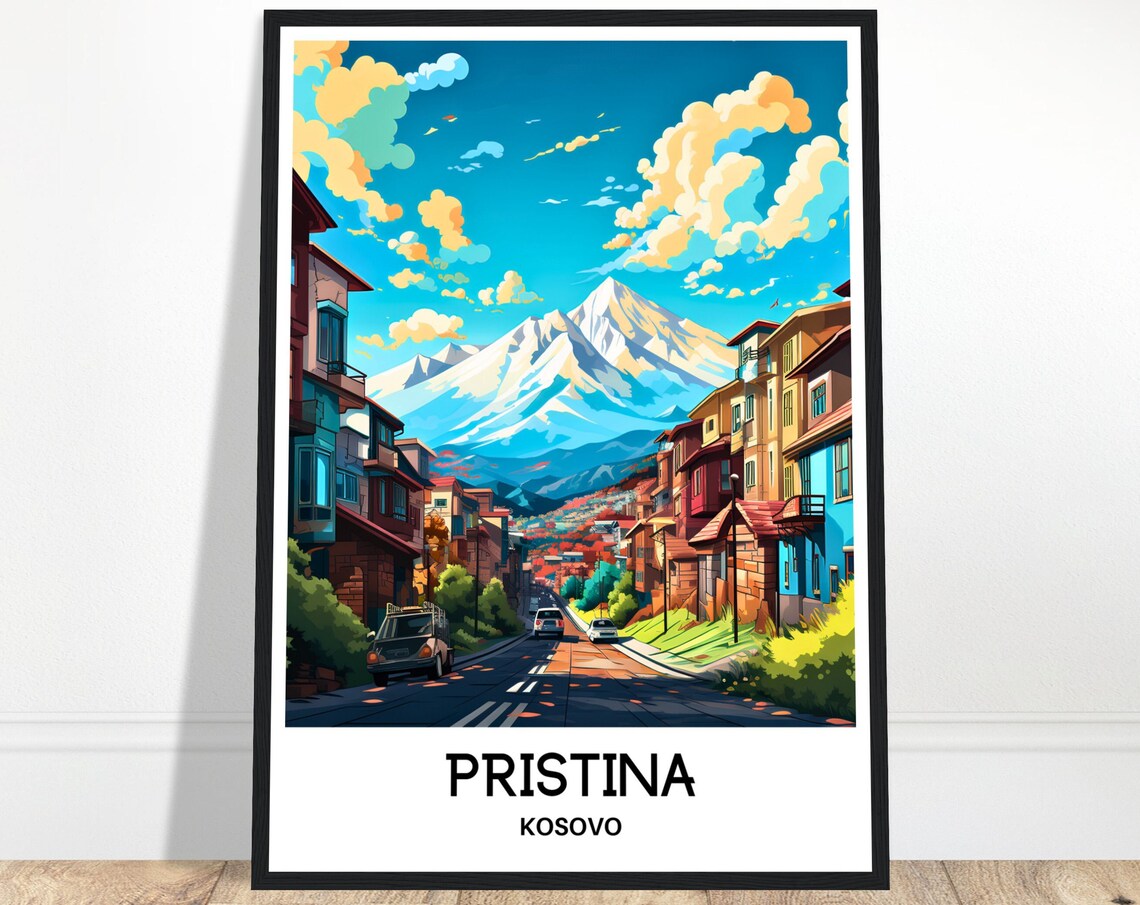 Pristina Kosovo City Street With Snowy Mountain Backdrop Poster