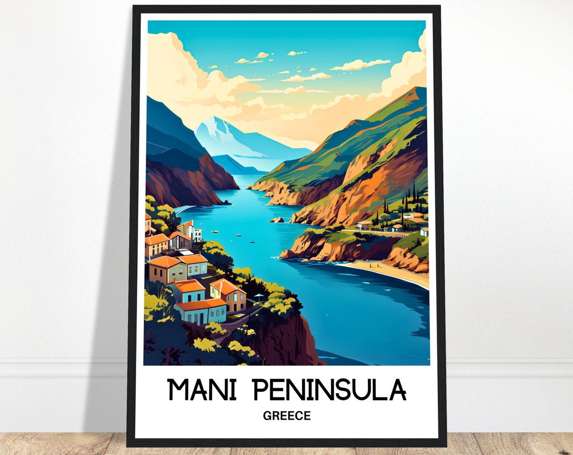 Mani Peninsula Greece Cliff Village Over a Blue Bay Travel Poster