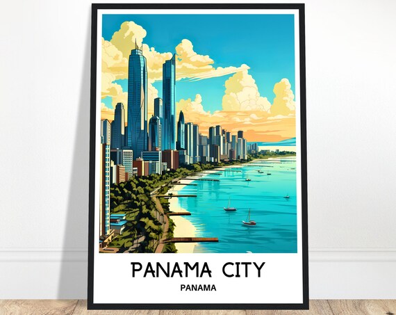 Panama City Panama Skyline Sunset Beach Watercolor Travel Poster