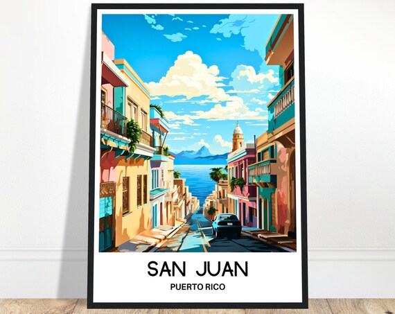 San Juan Puerto Rico Colorful Old Street Sloping to Sea Poster