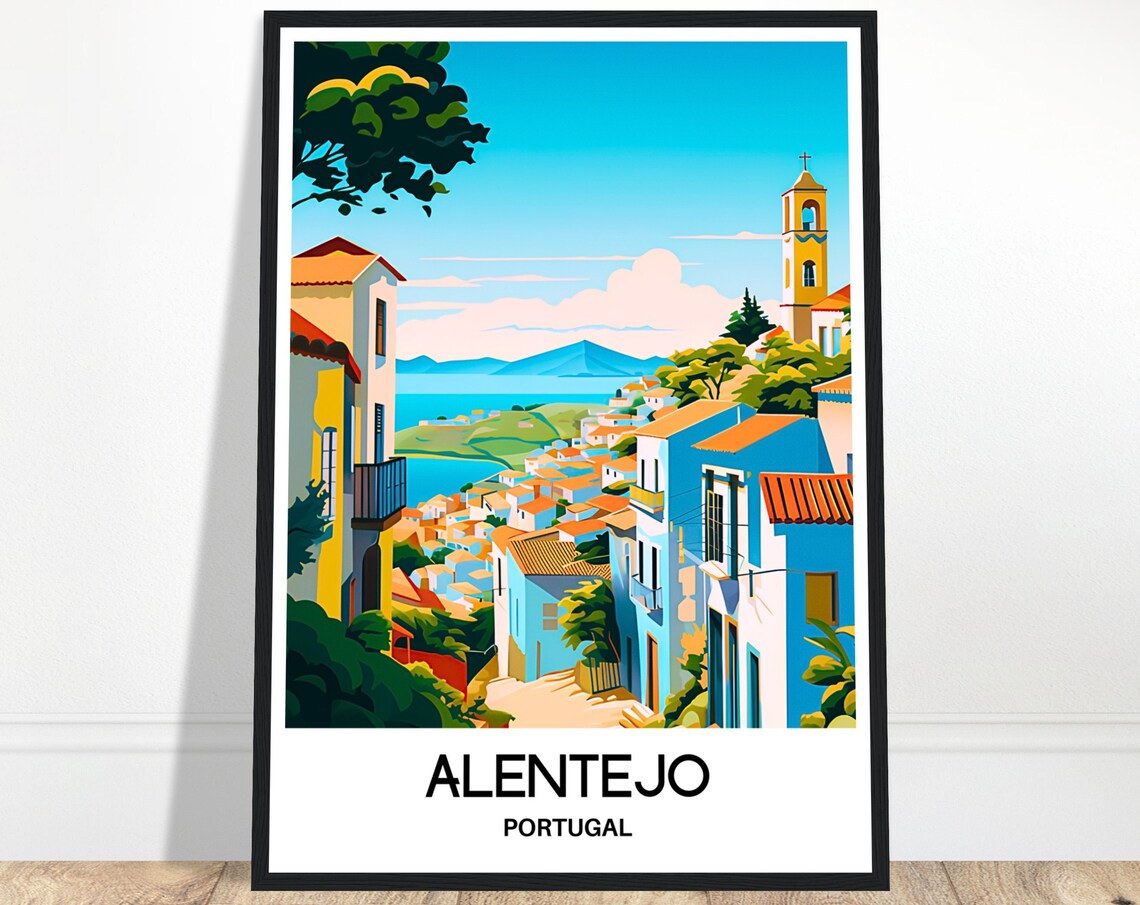 Alentejo Portugal Hillside Village Overlooking The Sea Travel Poster