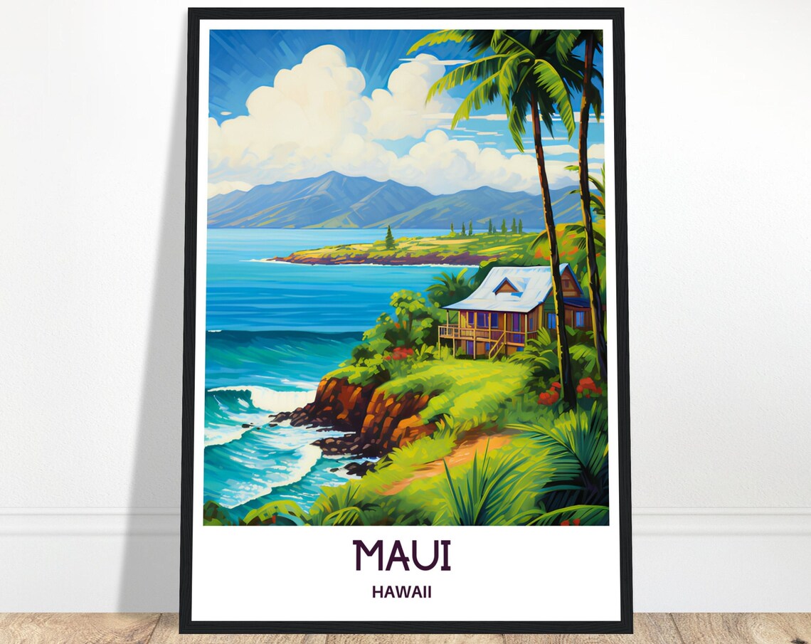 Maui Hawaii Beach House Ocean Cliff Palm Paradise Travel Poster