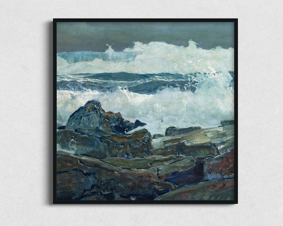 Dramatic Ocean Breakers Crashing Dark Rocks Stormy Seascape Vintage Art Poster