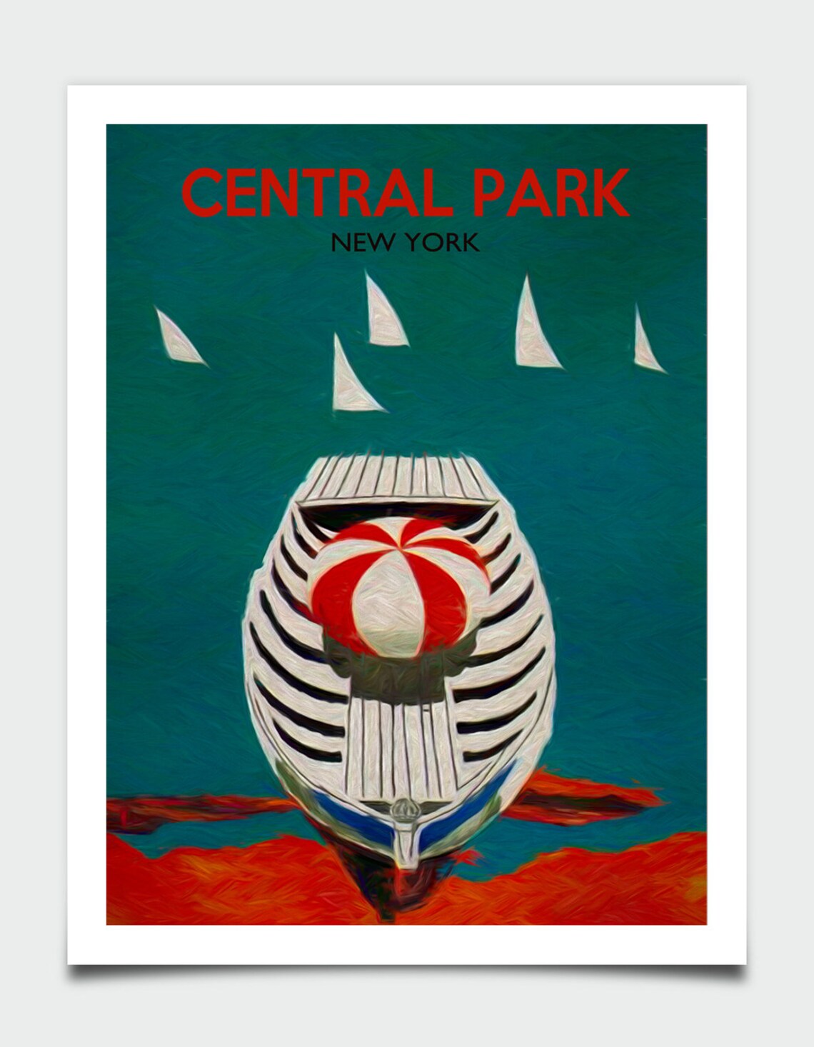 Central Park New York Vintage Rowboat Sailboats Travel Poster - Image 2