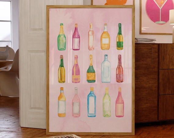 Retro Watercolor Champagne Posteraesthetic Girly Bar Cart Artpreppy Pink Posterschampagne Posterswine Bottle Cute Girly Posterbar Art