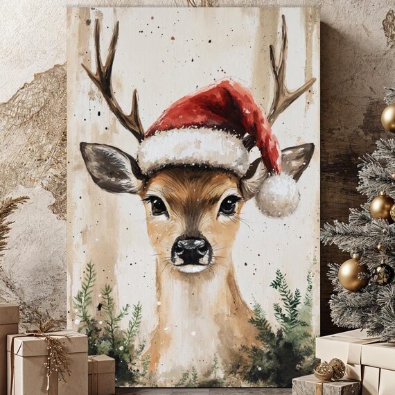 Cute Deer Wearing Santa Hat Watercolor Christmas Animal Wall Art