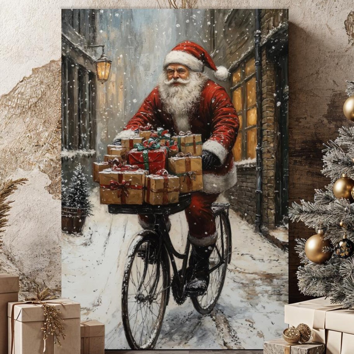 Santa Claus Riding Bicycle Loaded With Gifts Vintage Christmas Poster