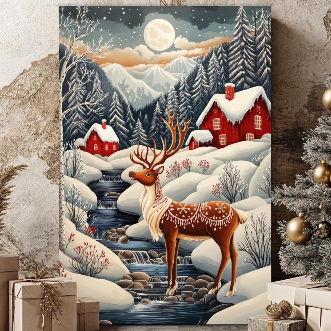Moonlit Reindeer By Stream In Snowy Forest Winter Wonderland Poster