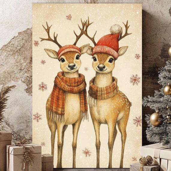 Cute Christmas Reindeers Canvas Wall Art Deers Painting Print Winter Holiday Decor Whimsical Festive Animals Poster Ready To Hang Gift