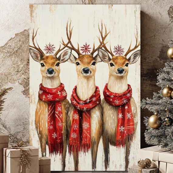 Three Reindeer In Red Snowflake Scarves Christmas Animal Wall Art