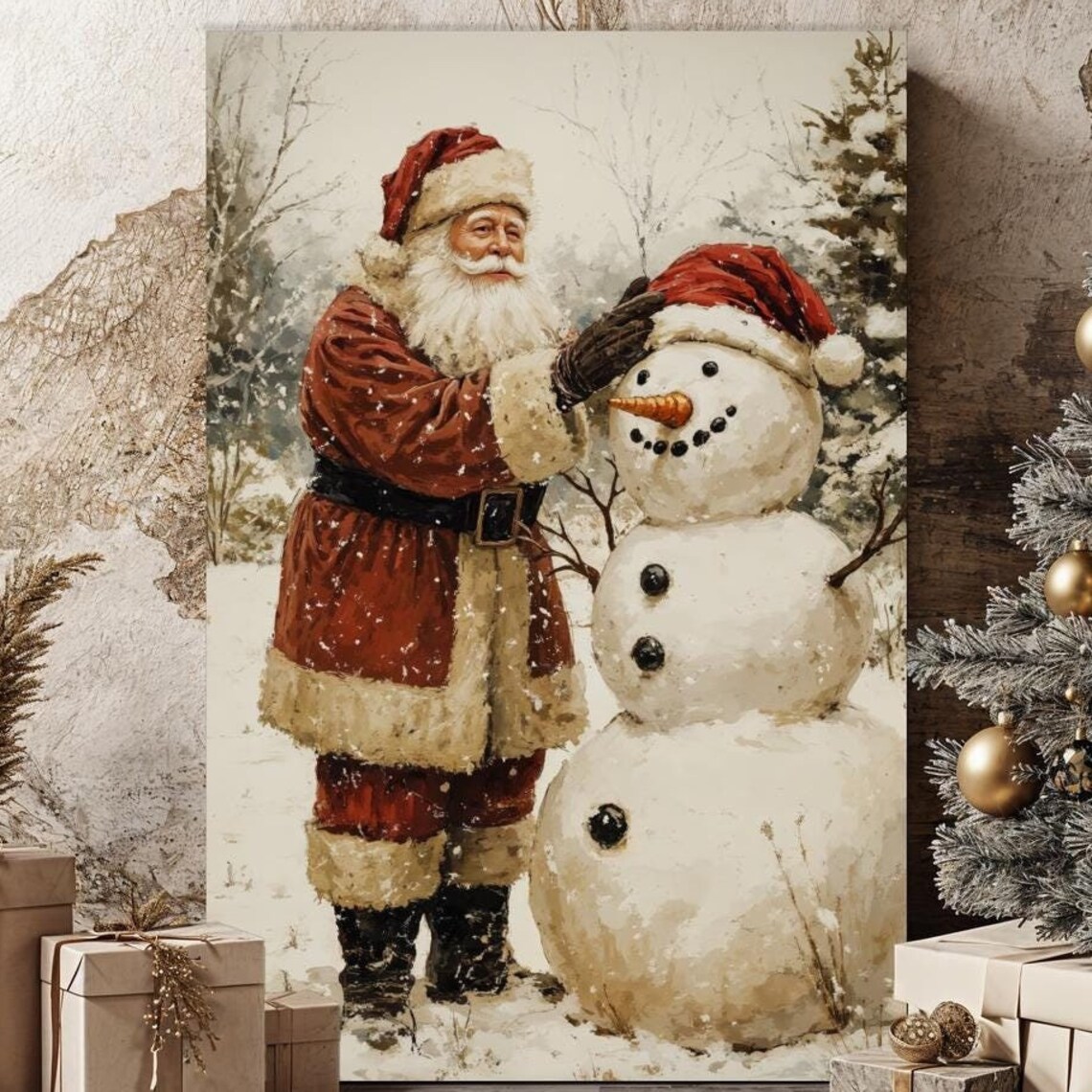 Santa Claus Patting A Snowman Watercolor Christmas Scene Poster