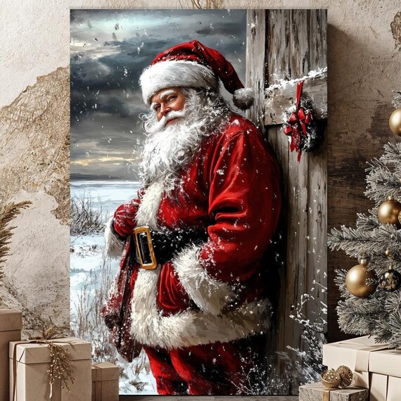 Rustic Santa Claus Snowy Winter Night Christmas Painting Poster