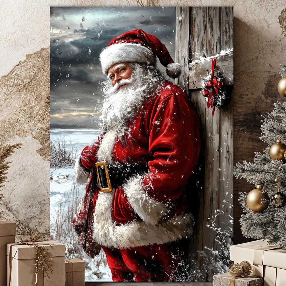 Rustic Santa Claus Snowy Winter Night Christmas Painting Poster