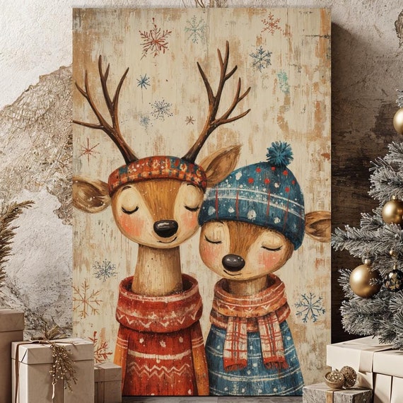 Whimsical Reindeer Duo Canvas Wall Art Winter Animal Painting Print Cozy Christmas Decor Cute Holiday Deer Poster Ready To Hang Xmas Gift