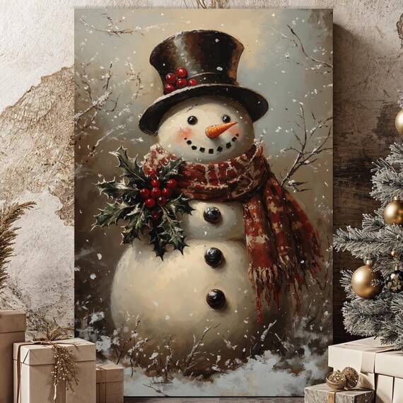 Vintage Snowman With Top Hat Holly Winter Christmas Wall Art