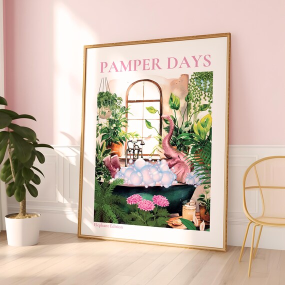 Pamper Days Elephant In Bubble Bath Botanical Bathroom Fun Poster