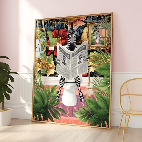 Zebra Reading Newspaper On The Toilet In Botanical Bath Poster