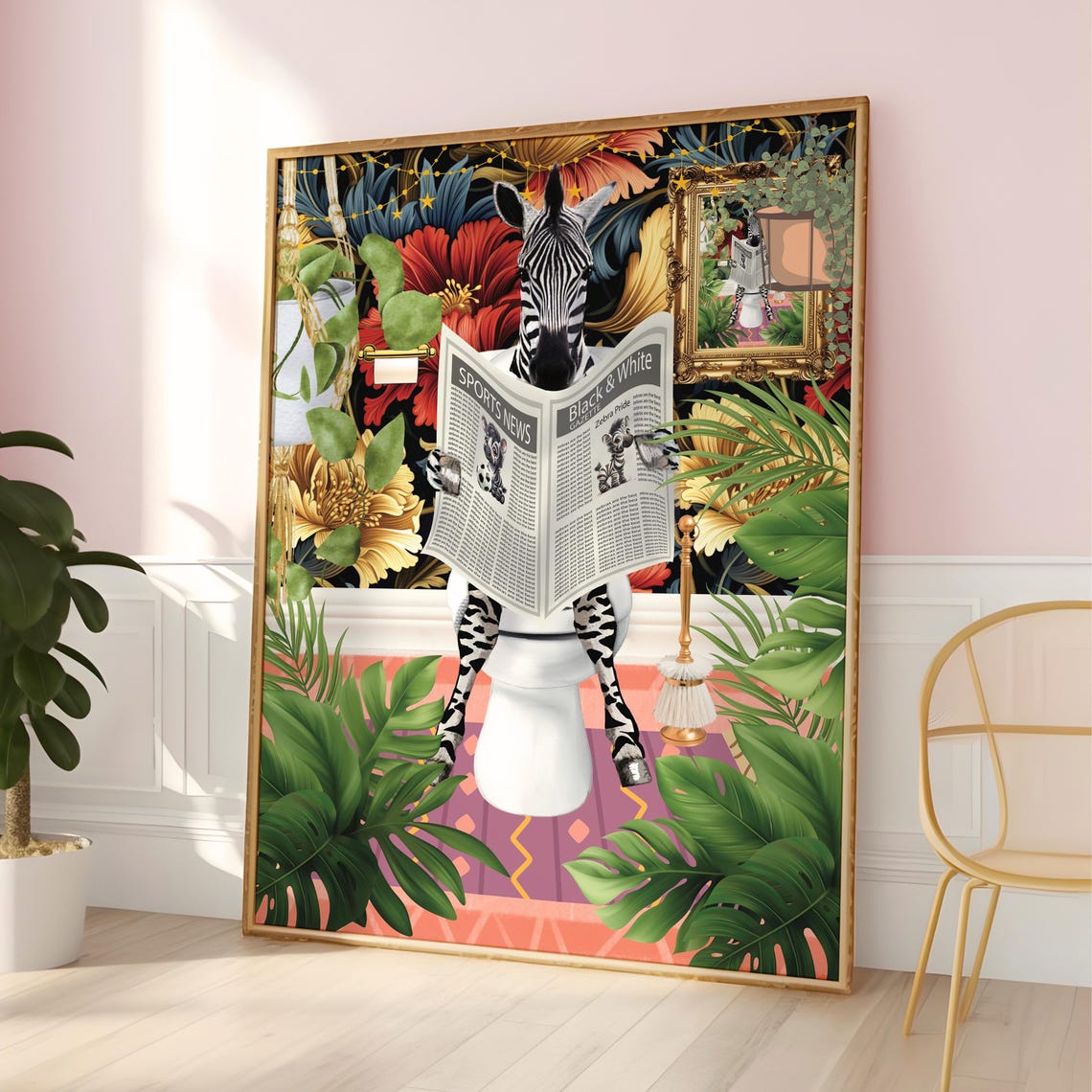 Zebra Reading Newspaper On The Toilet In Botanical Bath Poster