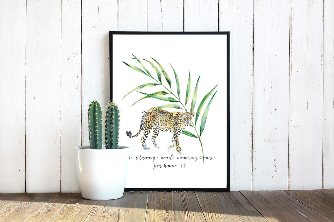 Joshua 1v9 Be Strong And Courageous Watercolor Leopard Palm Leaf Wall Art Bible Journaling - Image 3