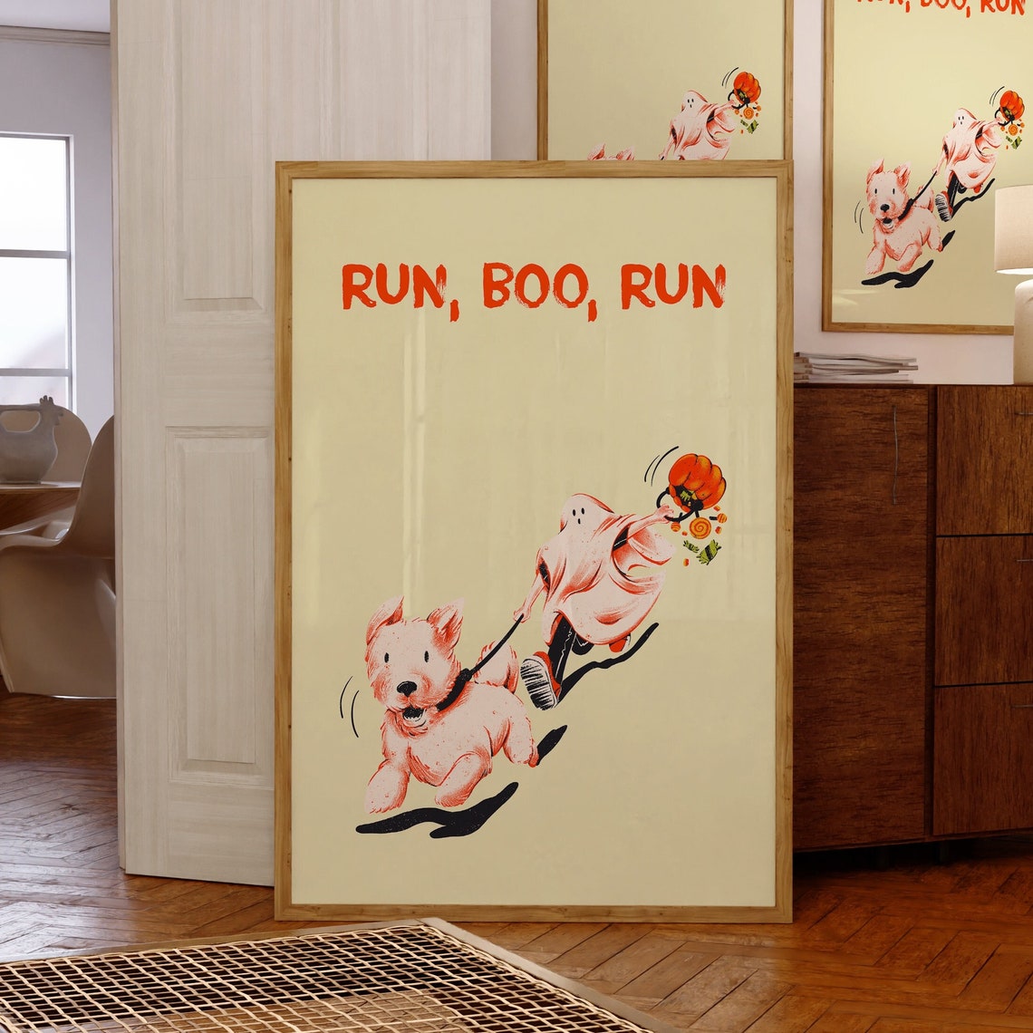 Run Boo Run Halloween Dog And Ghost Candy Chase Retro Wall Art