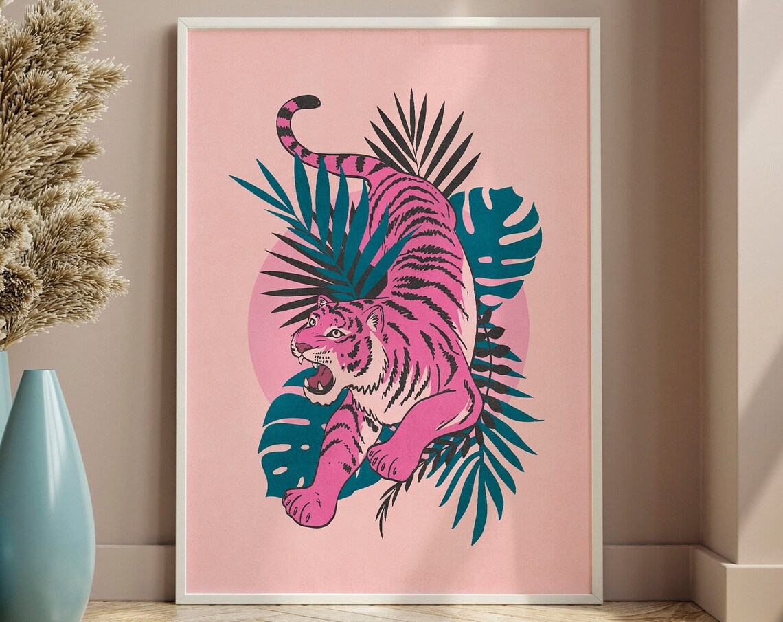 Pink Tiger Tropical Wall Art Print, Palm Leaves