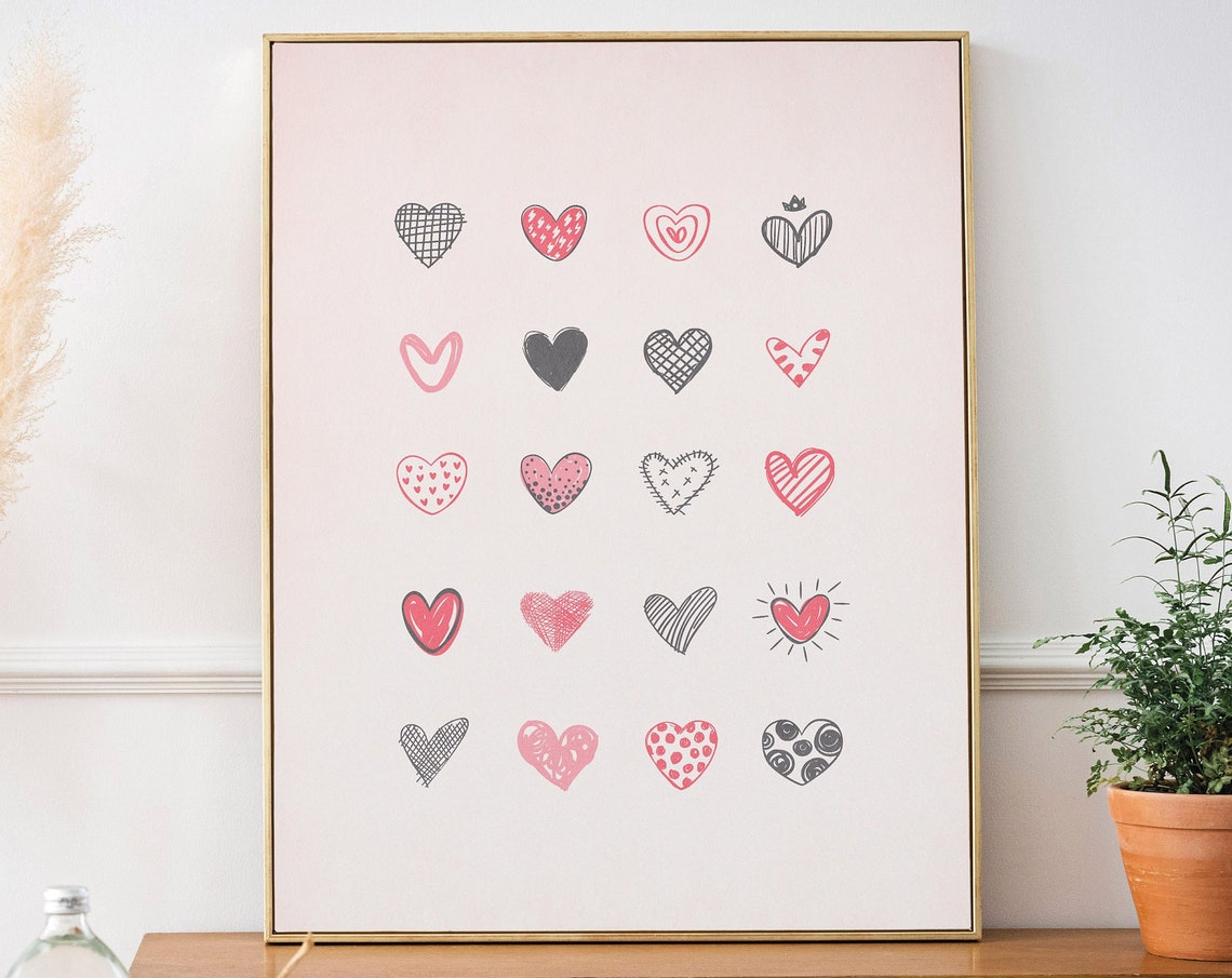 Hand Drawn Doodle Hearts Grid Pink Valentine Pattern Sweet Poster