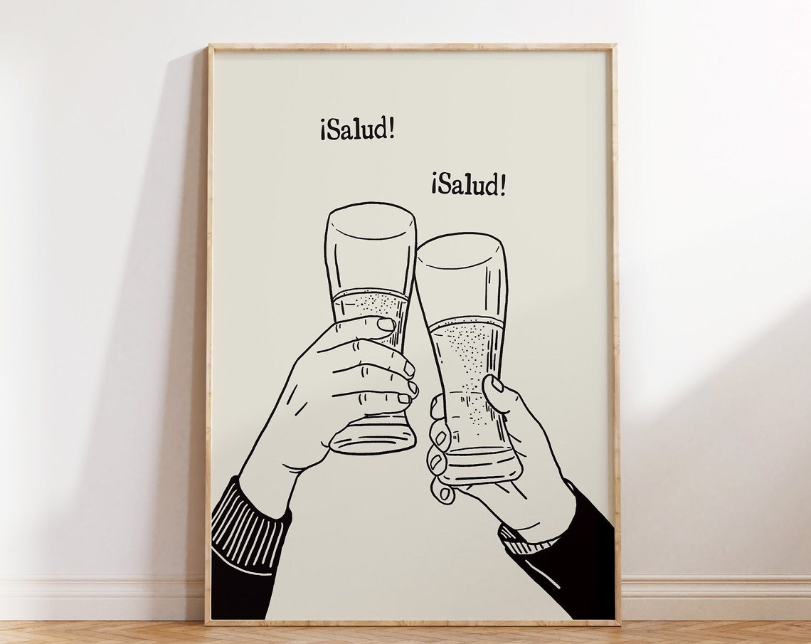 Salud Cheers Beer Glasses Vintage Toast Bar Cart Gift Poster