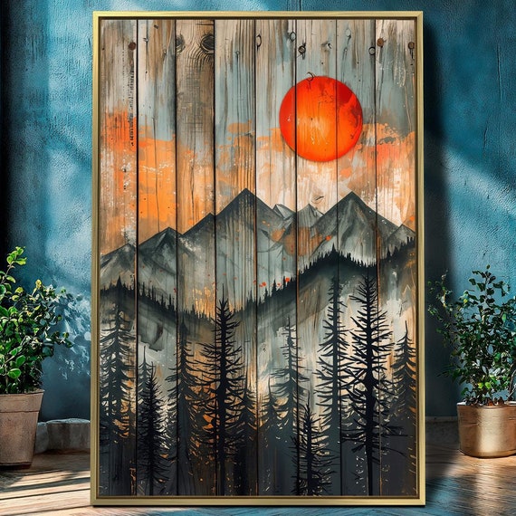 Mountain Range Framed Canvas Wall Art Vibrant Sunset And Forest Painting Print Landscape Poster Abstract Rustic Decor Gift Ready To Hang