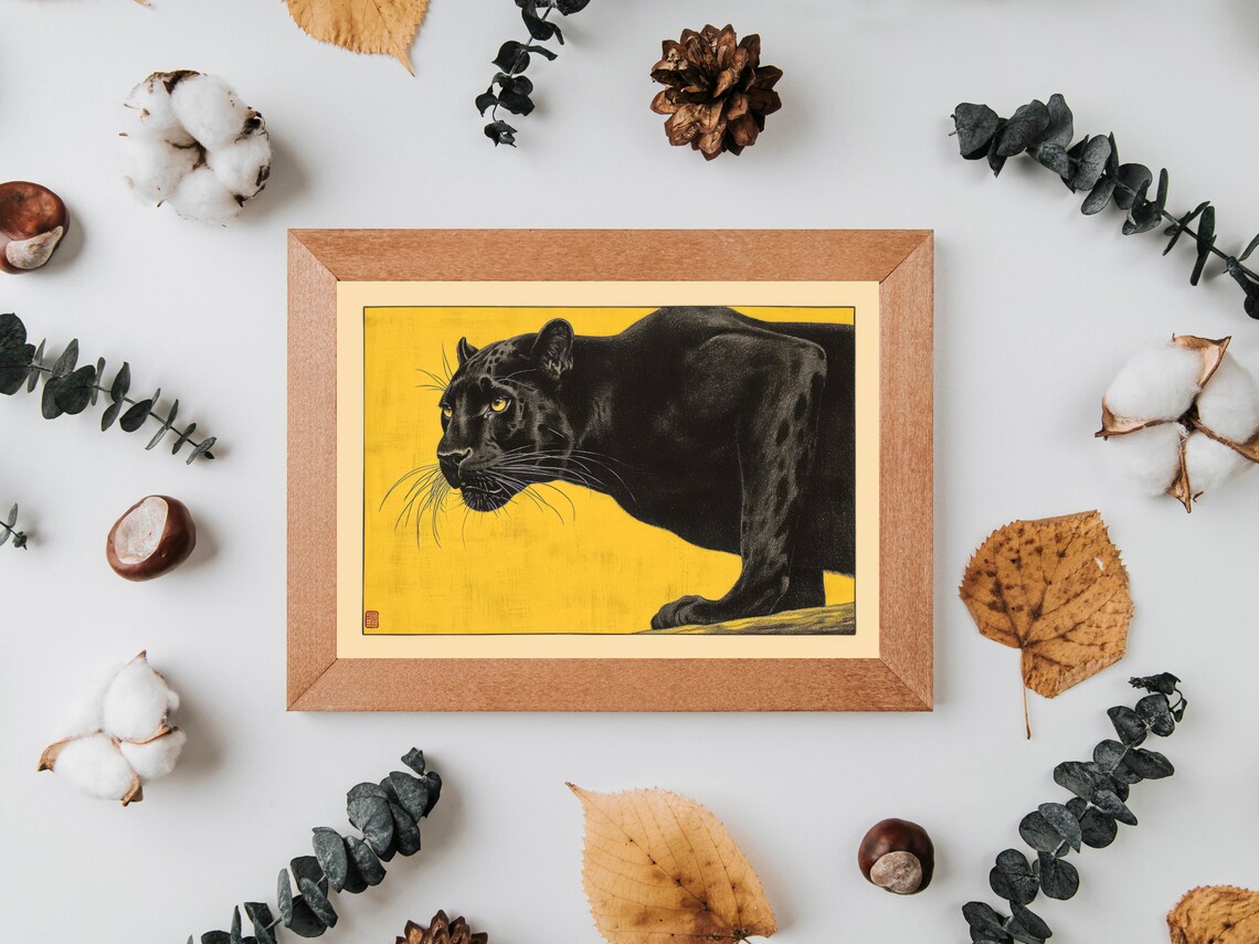 Black Panther Japanese Woodblock Style Yellow Background Poster - Image 2
