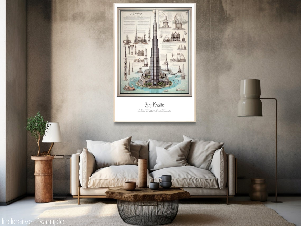 Burj Khalifa Dubai Architectural Sketch Blueprint Style Travel Poster - Image 3