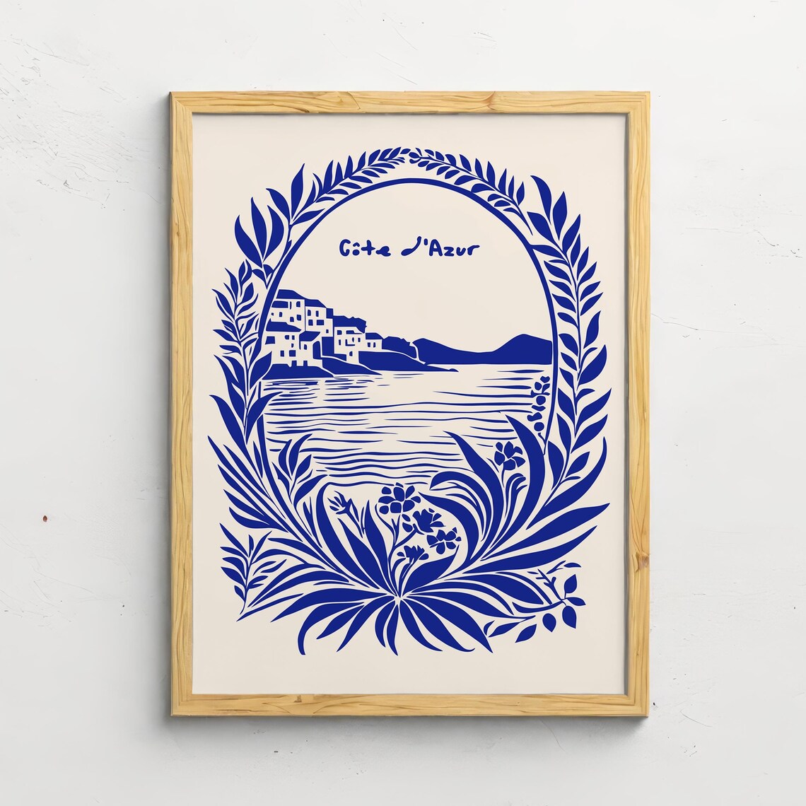 Cote d'Azur Indigo Blue Coastal Village Laurel Wreath Poster