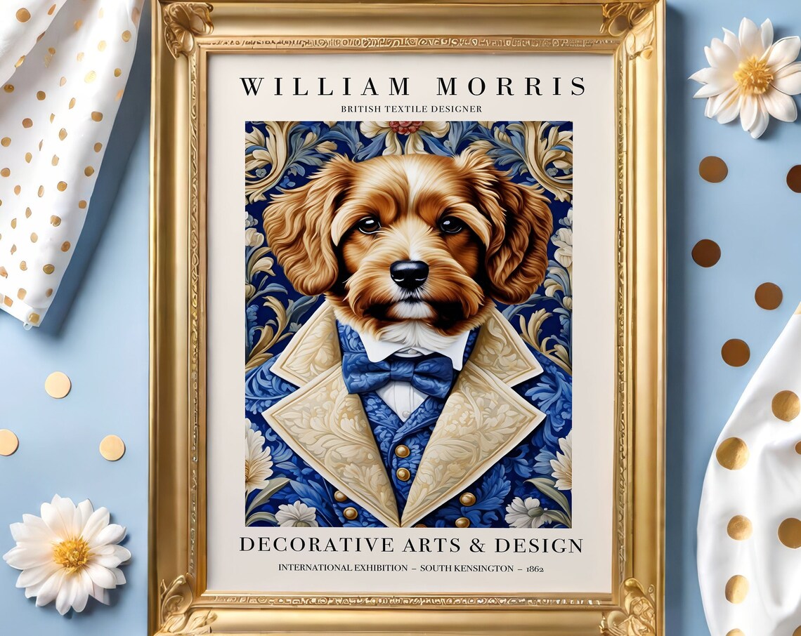 William Morris Dapper Bow Tie Dog Blue Floral Exhibition Poster