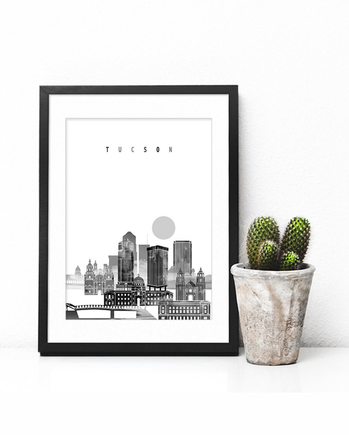 Tucson Arizona Desert Sun Monochrome City Skyline Art Poster - Image 2