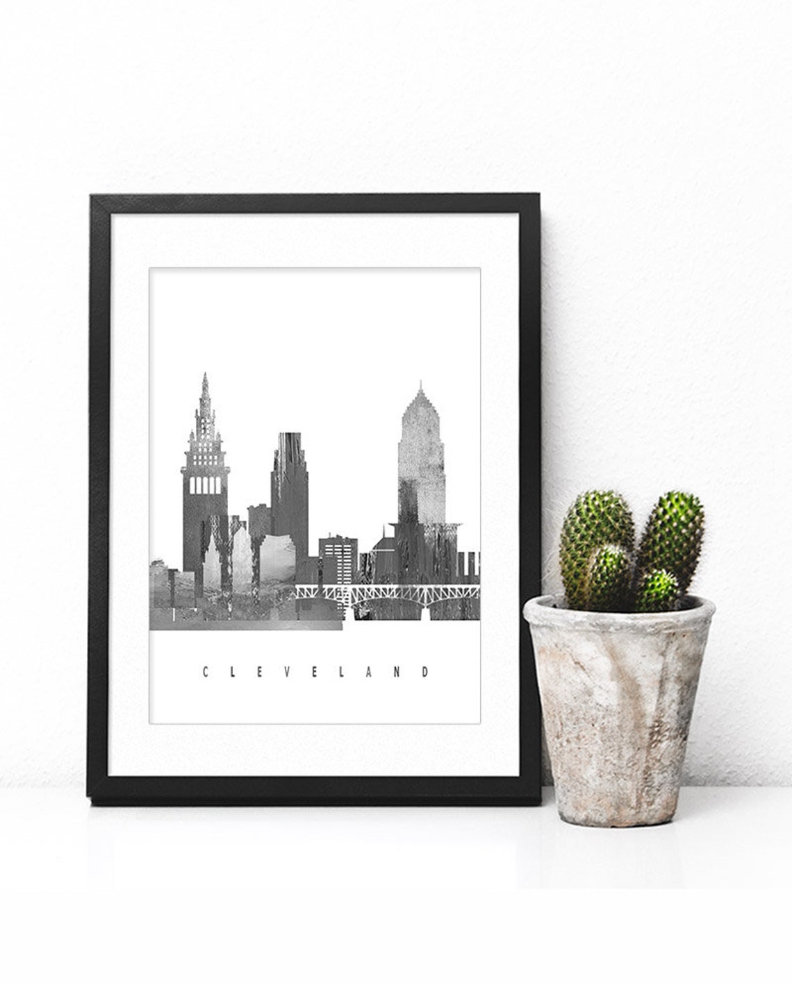 Cleveland Ohio Black and White Minimalist City Skyline Poster - Image 2
