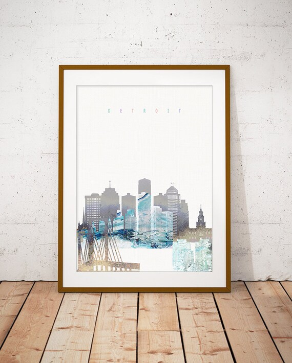 Detroit Watercolor Skyline Riverfront Modern Home Decor Poster