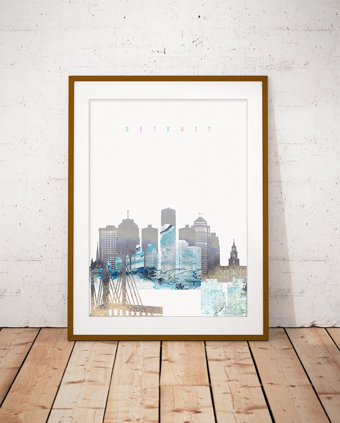 Detroit Watercolor Skyline Riverfront Modern Home Decor Poster