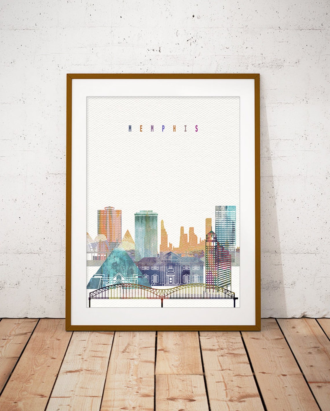 Memphis Tennessee Watercolor Skyline Pyramid River Bridge Poster