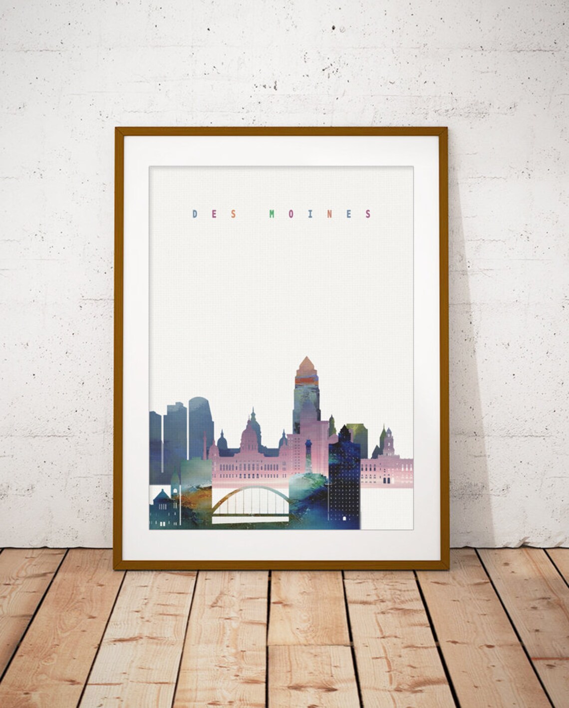 Des Moines Iowa Pastel Watercolor City Skyline Art Modern Home Decor Poster