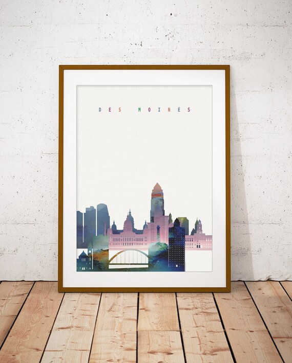 Des Moines Iowa Pastel Watercolor City Skyline Art Modern Home Decor Poster