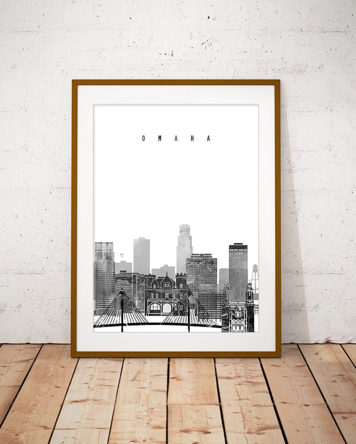 Omaha Skyline Black And White River Bridge Cityscape Art Poster - Image 2