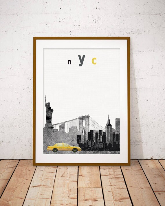 NYC New York Yellow Taxi Black White Skyline Statue Liberty Poster