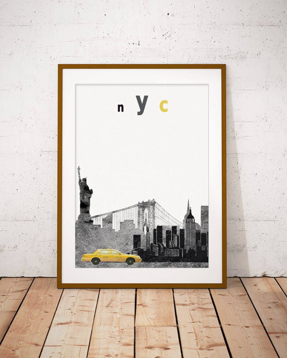 NYC New York Yellow Taxi Black White Skyline Statue Liberty Poster
