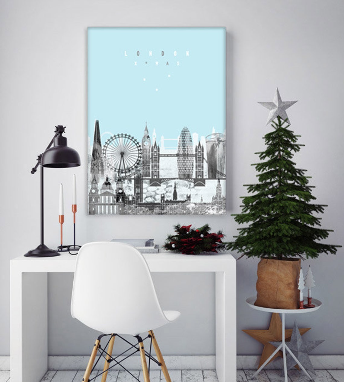 London Xmas Light Blue City Skyline Christmas Print Decor Modern Gift - Image 2