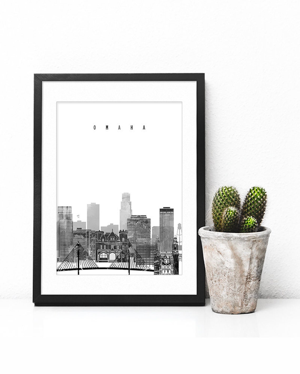 Omaha Skyline Black And White River Bridge Cityscape Art Poster